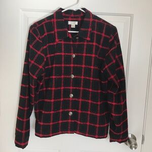 Christmas Christopher & Banks Sparkle Plaid Jacket Coat Size L Red Black